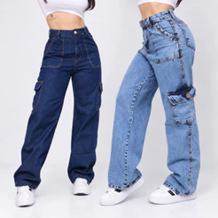 Calça Jeans Wide Leg Cargo Moda Feminina Pantalona Bolso Lateral Cintura Alta Jeans Premium