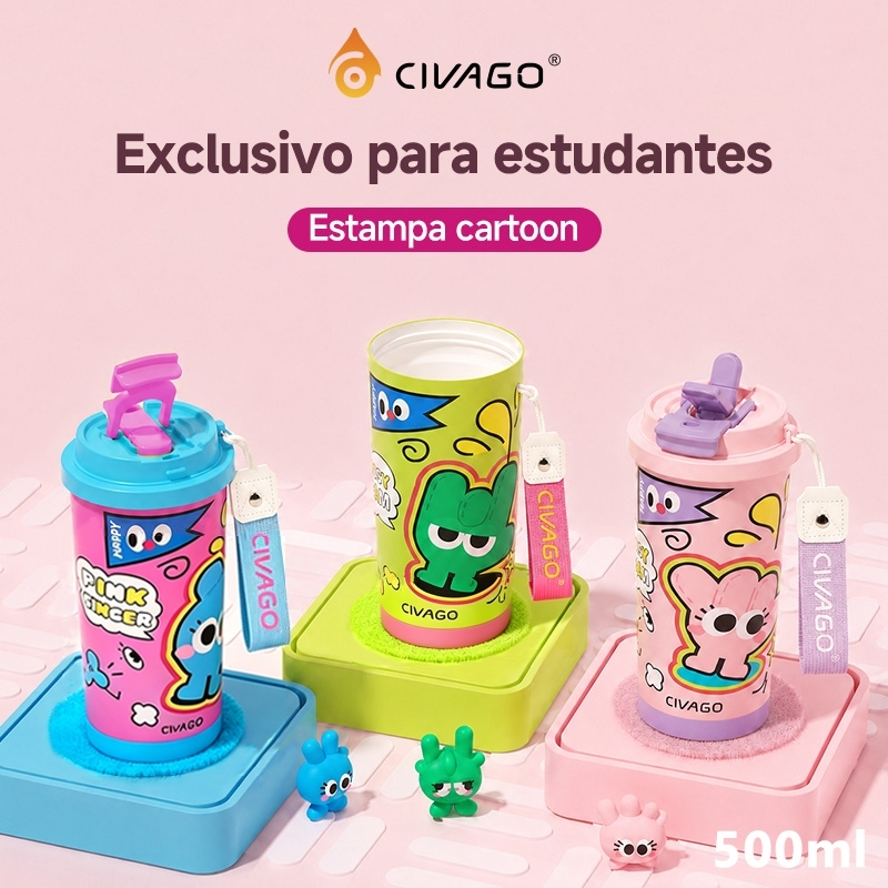 CIVAGO Copo Térmico 500ml Inox 316 Alça Tecido Estampa Fofa Tampa 2em1 Antivazamento Canudo Quente/Frio BPA Free