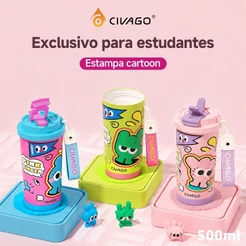 CIVAGO Copo Térmico 500ml Inox 316 Alça Tecido Estampa Fofa Tampa 2em1 Antivazamento Canudo Quente/Frio BPA Free