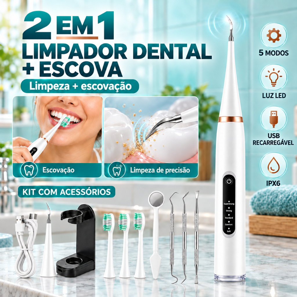 2 em 1 Kit Escova de Dente Elétrica Limpador Dental Ultrassônico Recarregavel  5 Modos LED IPX6 Com Base