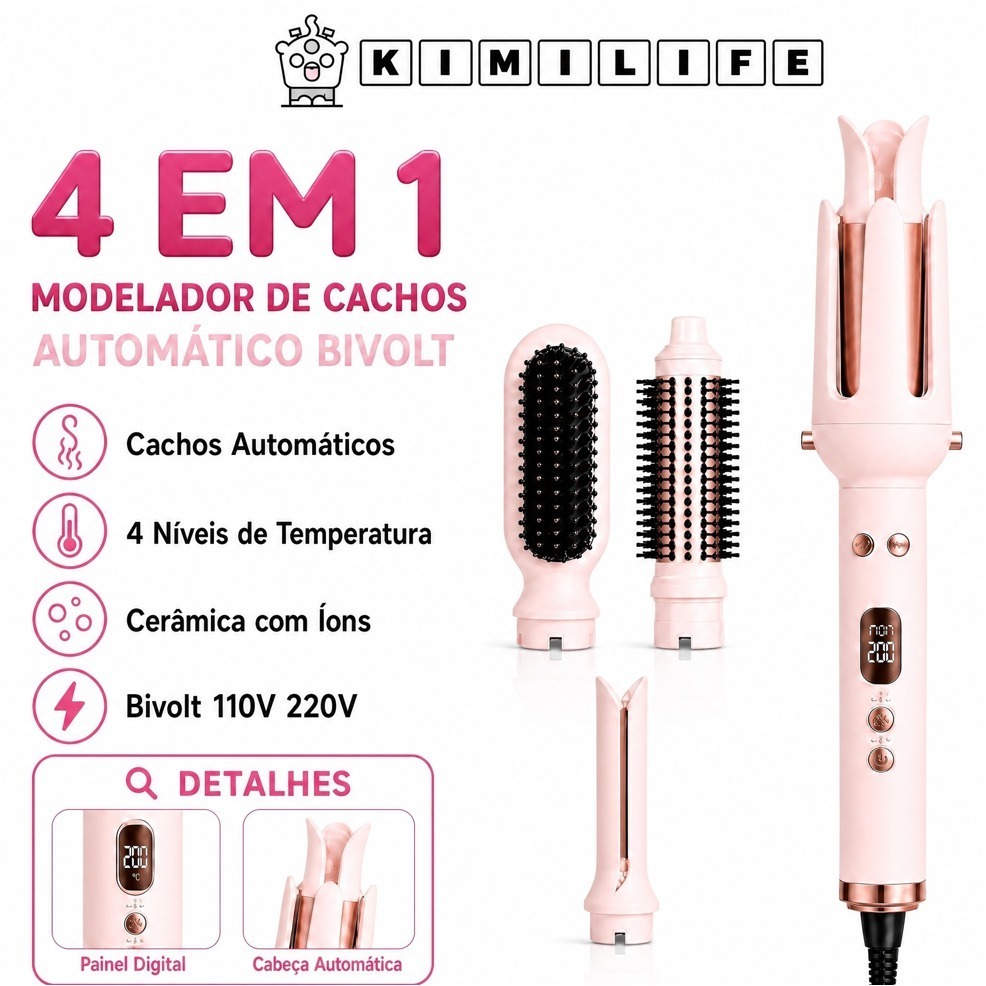 Modelador de Cachos Automático 4 em 1 Bivolt Cerâmica com Íons Negativos 4 Níveis de Temperatura e Alerta Temporizado