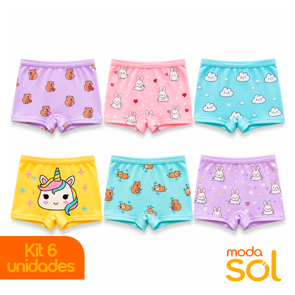 Kit 6 Calcinhas Infantis Boxer Shortinho Feminino Tecido Macio Confortável Respirável