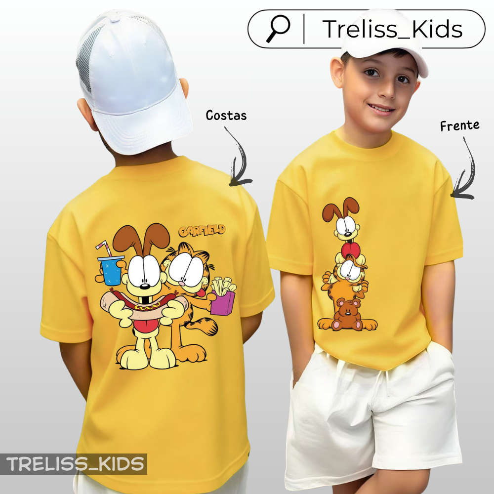 Camiseta Infantil Garfield e Seus Amigos Camisa 100% Algodão Odie Blusa Cachorro Gato Desenho Criança 2 Ao 16