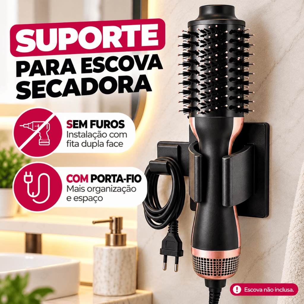 Suporte para Escova Secadora Rotativa Elétrica Parede Sem Furo Porta Fio Organizador Banheiro