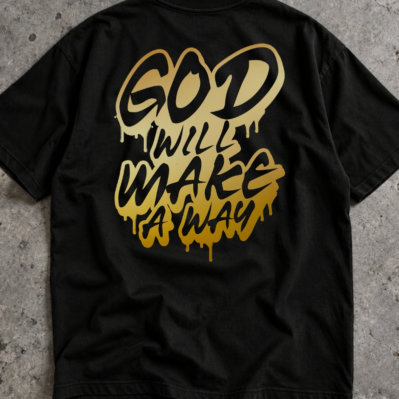 Camisa Masculina Oversized Streetwear Deus Abrirá o Caminho Estampa Dourada nas Costas Algodão Camiseta Gospel Religiosa