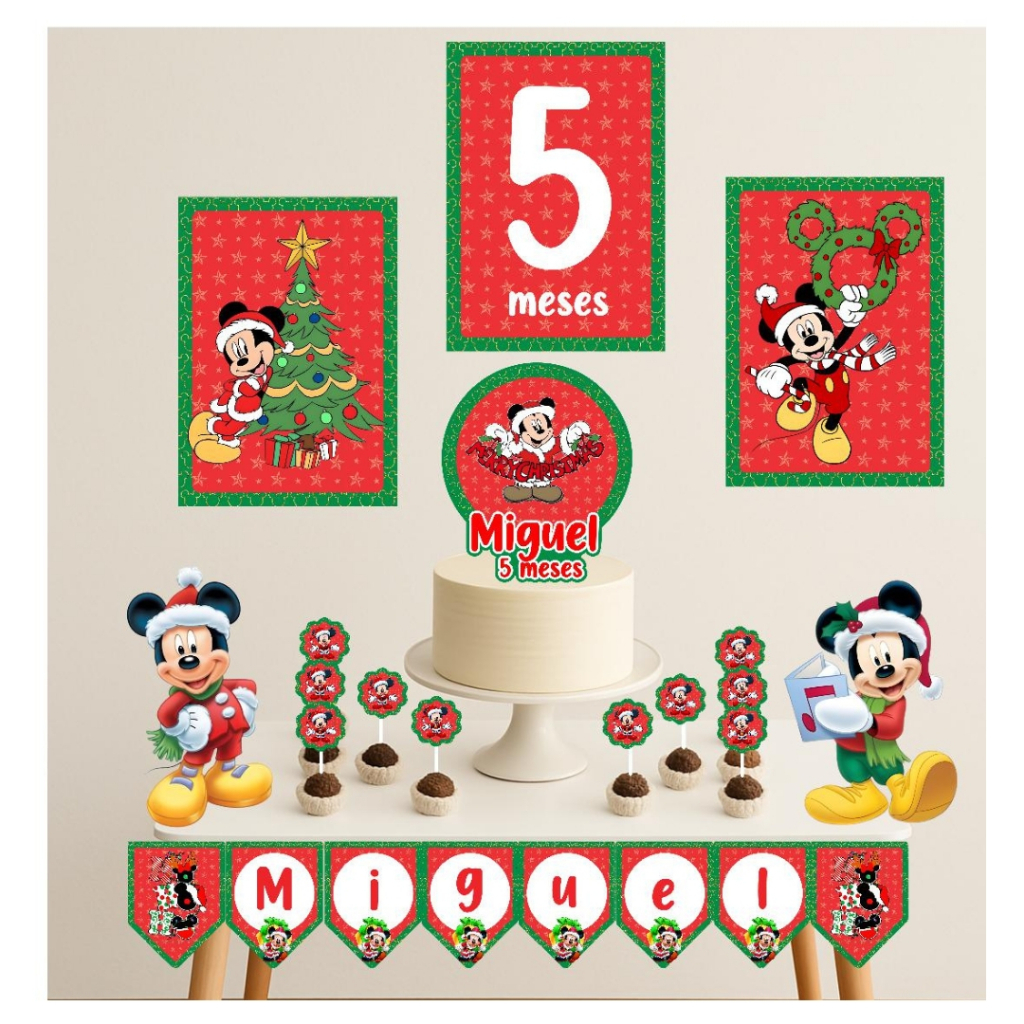 Kit Decoração Natal do Mickey Só um Bolinho Aniversário com Topo de Bolo e Bandeirola