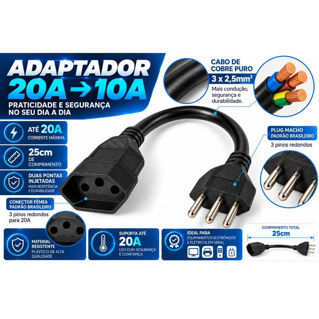 Adaptador Tomada Macho 10A Fêmea 20A reforçado cabo 2,5mm Tripolar 25cm Carregador Carro…
