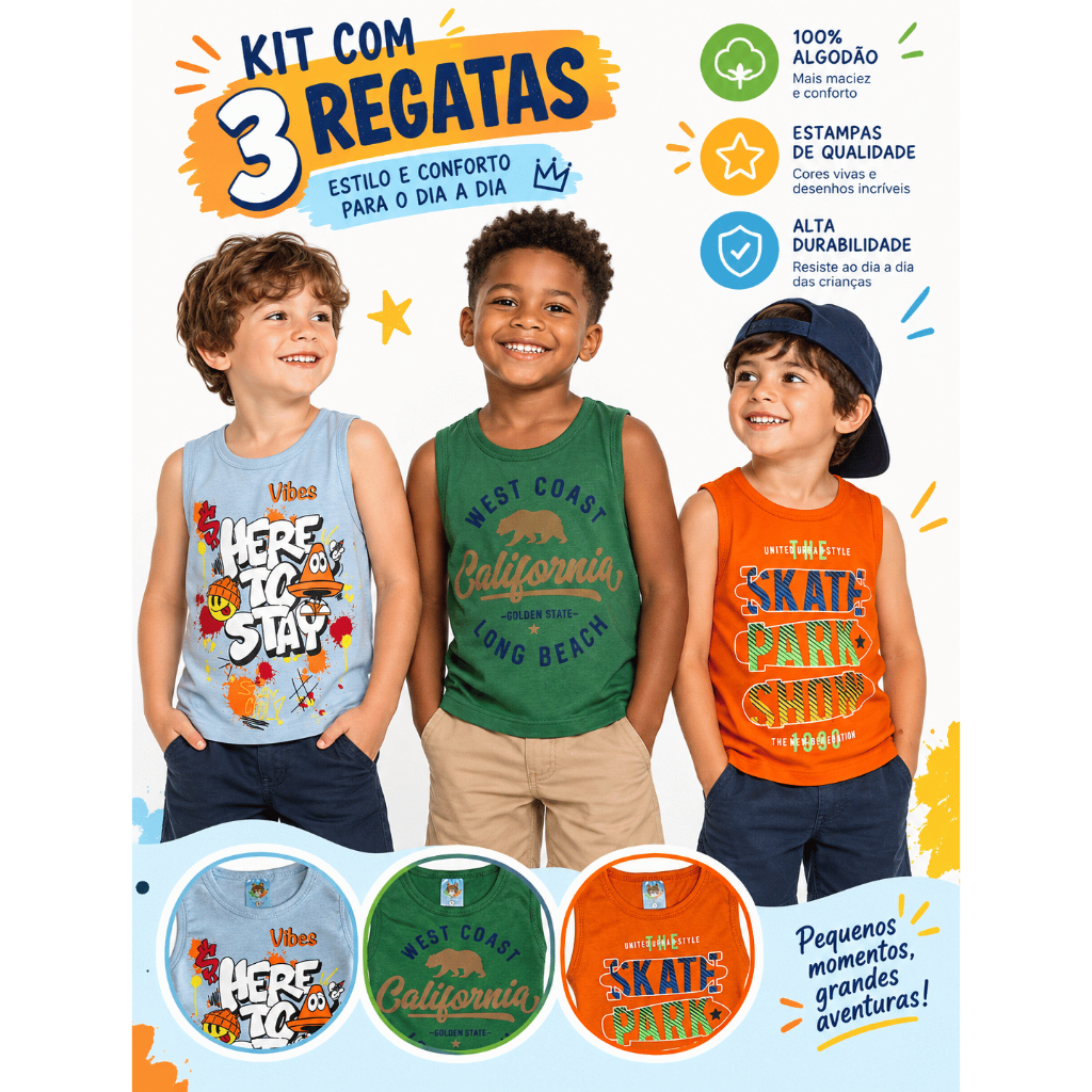 Kit 3 Regatas Infantil Menino Básica Estampada Sortido Tamanho 1 ao 8 anos Casual