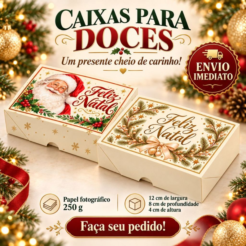 Caixinha para 6 Doces de Natal Decorada para Presente Lembrancinha Natalina Papel 250g