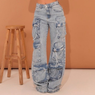 Calça Cargo Jeans Feminina Marmorizada Wide Leg Bolso Utilitário Tendência- marca Glitter Jeans