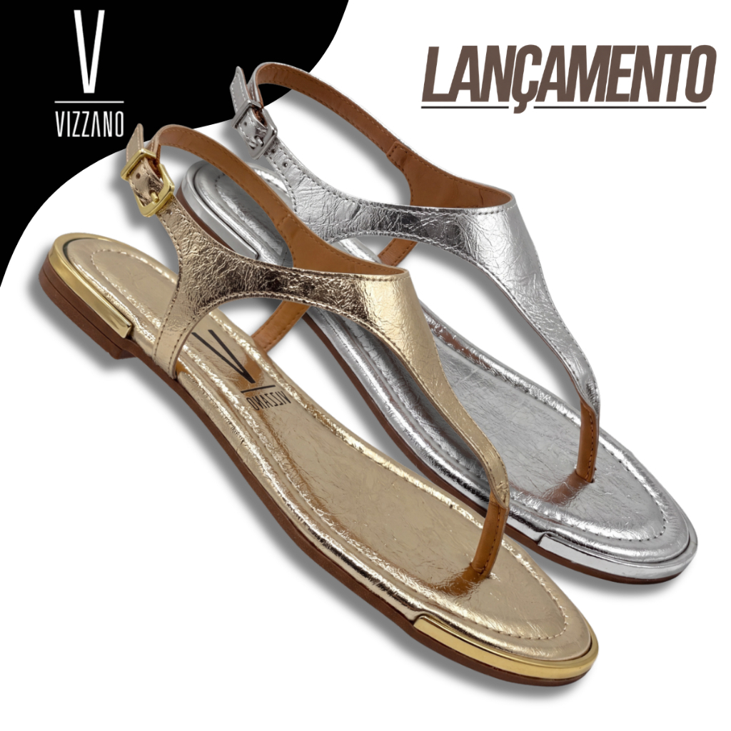 Sandalia Rasteira Vizzano Feminina Dourada Metalizada Fivela Ajustavel Leve Confortavel Original