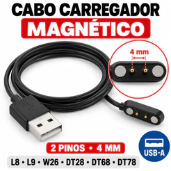 Cabo Carregador Magnético USB 2 Pinos 4mm para Smartwatch L8 L9 W26 DT28 DT68 DT78 LS05 RS4 LS16