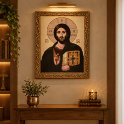 QUADRO JESUS PANTOCRATOR 30X40 CM RESINADO MOLDURA COM DETALHES DOURADOS