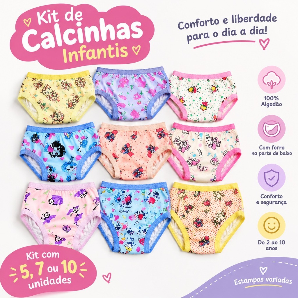 Kit Calcinha Infantil Menina 100% Algodão com Forro de Algodão Estampada sortidas 5 7 ou 10 Unidades