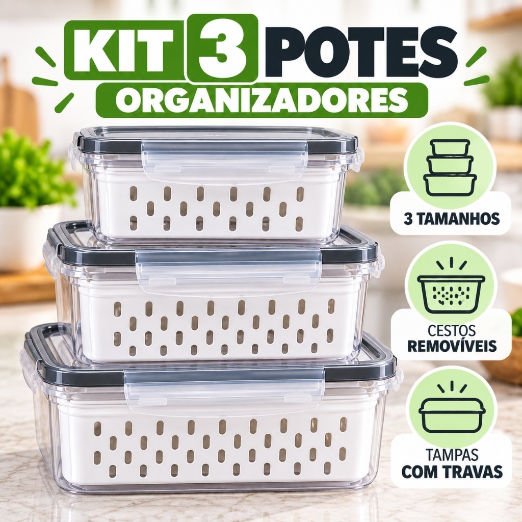 Kit 3 Potes Organizadores Para Geladeira C/ Cesto Escorredor