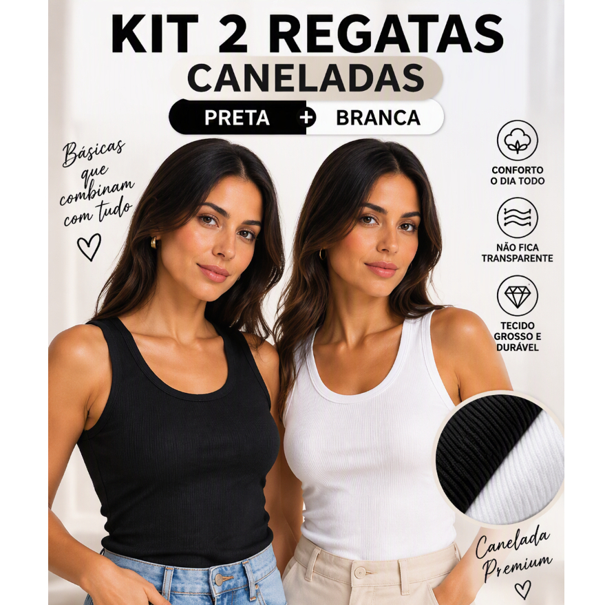 Kit 2 Regatas Femininas Caneladas Ribana Preta e Branca Coladinha Confortável Blusinha Básica Premium