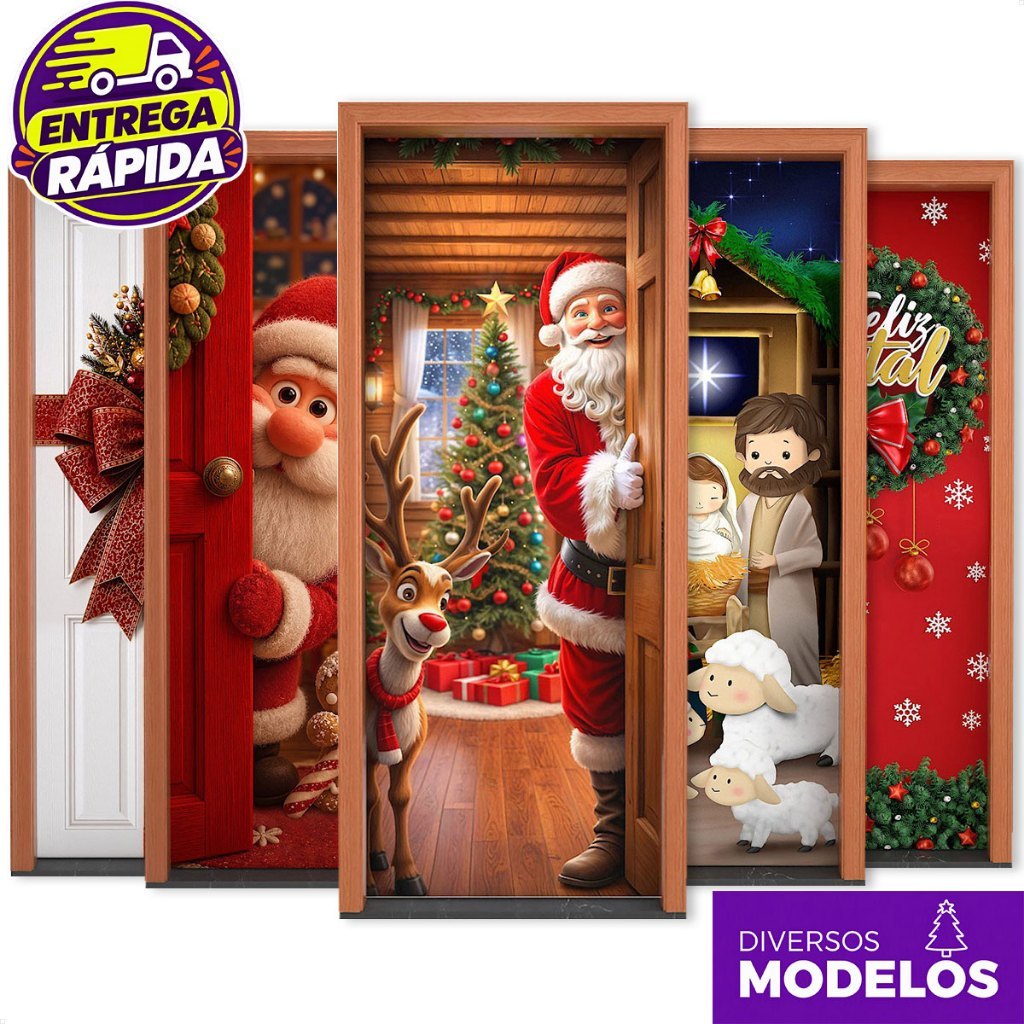 Capa de Porta Natal Decoração de Natal Tecido Sublimado C/Elástico 0,85x2,10m Enfeite de Porta Natal