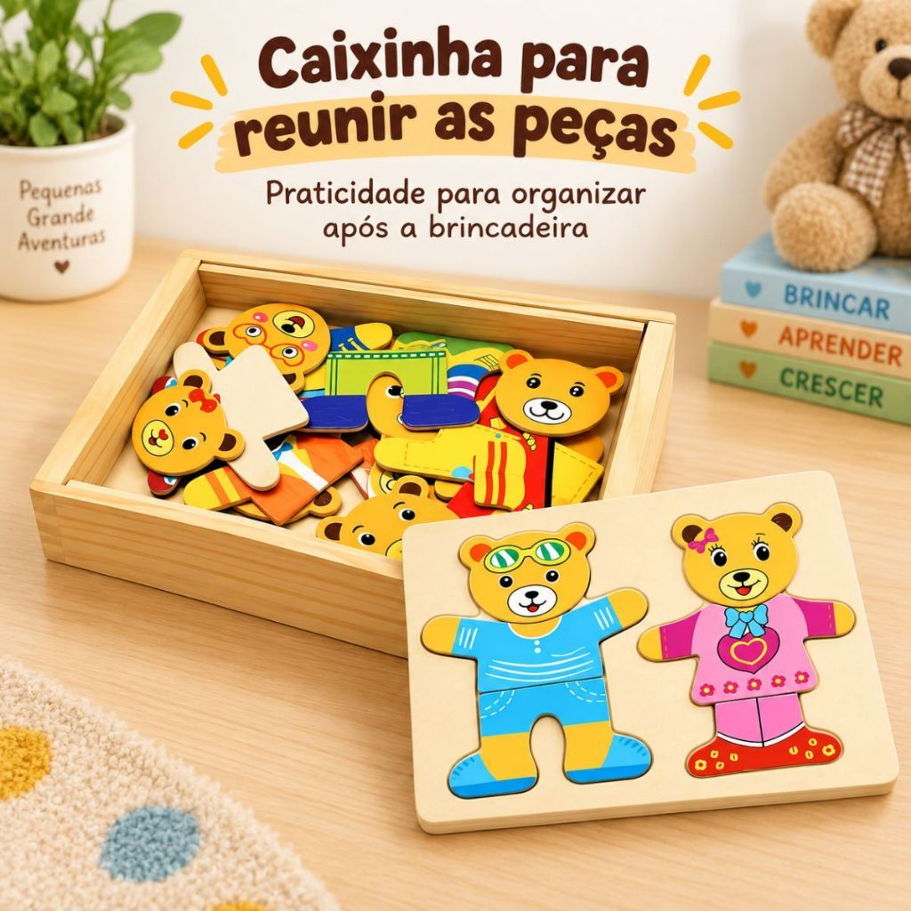 Troca Roupa Divertida Brinquedo de Quebra-Cabeça MDF Urso Montessori Sensorial Brinquedos de Madeira — imagem 2 de 2