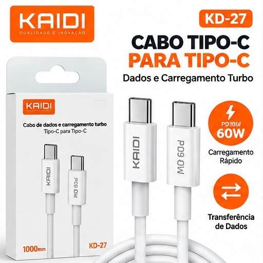 Cabo Carregador Kaidi Turbo Tipo C Lightning PD 30W 60W 1 Metro Reforçado