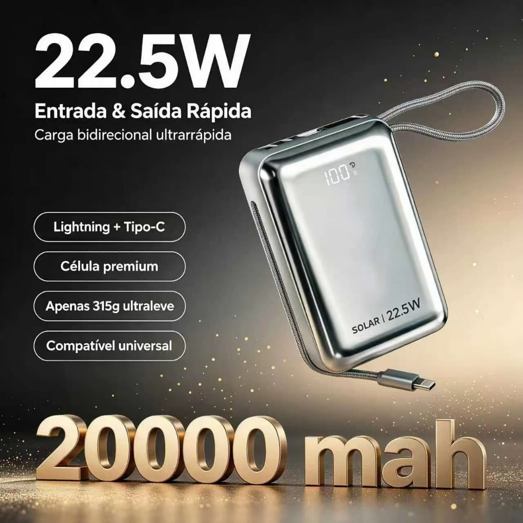 Power Bank 20000mAh 22.5W Turbo Carregamento Rápido Display Digital com Cabos Embutidos Carregador Portátil para Celular