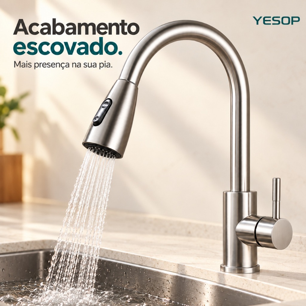 Torneira Gourmet Pia Cozinha Com Extensor Flexível Misturador Monocomando Pull Spray Arejador Articulado Inox Fosco