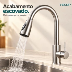 Torneira Gourmet Pia Cozinha Com Extensor Flexível Misturador Monocomando Pull Spray Arejador Articulado Inox Fosco