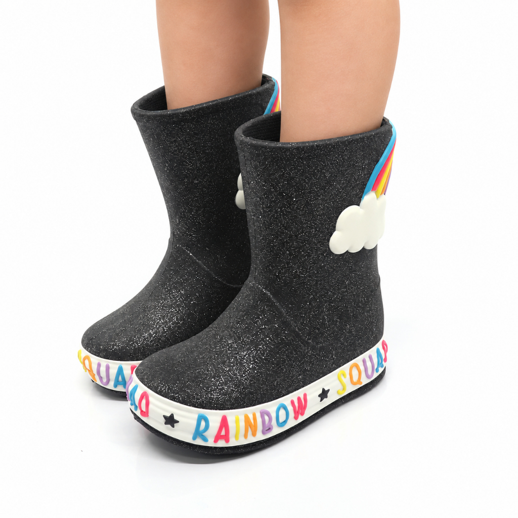 Galocha Infantil Menina Plugt Bota Confortável Leve Macio Nuvem Arco Iris Glitter Brilho Preto Escola