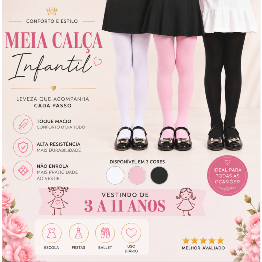 Meia Calça Infantil Fio 40 Feminina Ballet Menina  Juvenil Branca Rosa Preta Meião Fio