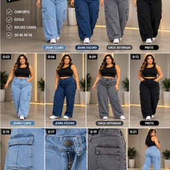 Jeans Cargo Wide Leg Feminino Pantalona Plus Size Grafite