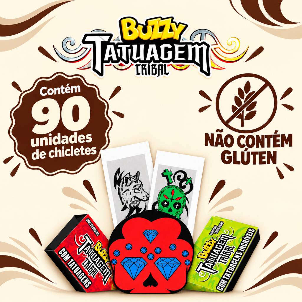 Chiclete Tatuagem Tribal Hortelã C/90 Unidades Buzzy Riclan — imagem 2 de 2