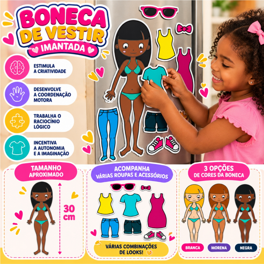 Boneca de Vestir Imantada Magnética Infantil com Roupinhas e Acessórios Brinquedo Educativo menina menino — imagem 2 de 2