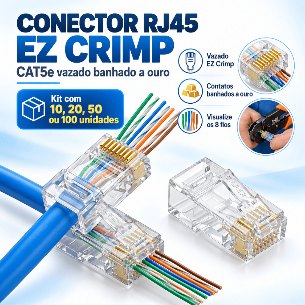 Kit Conector RJ45 Vazado PassThrough Cat5e Rede Internet 10 a 100 Peças Banhado a Ouro com Opção de Capinha Protetora