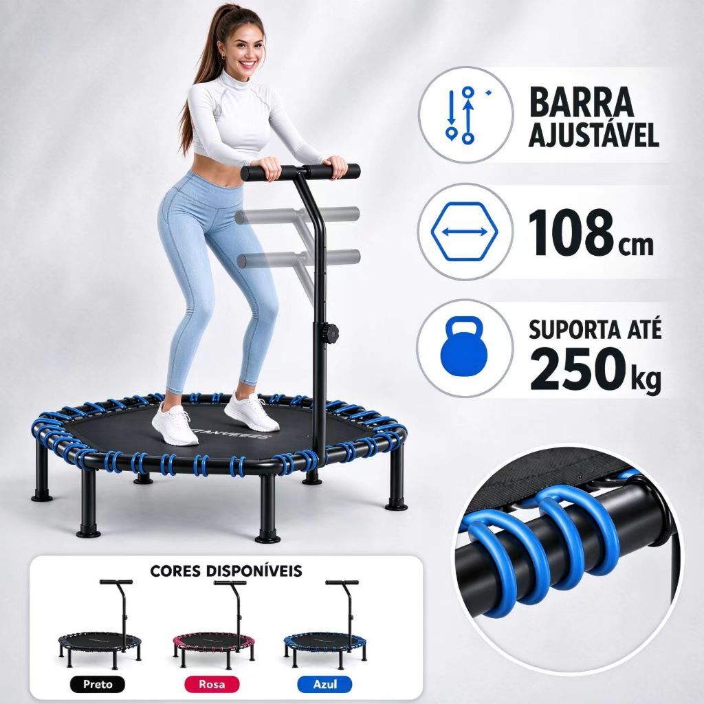 Jump Profissional com Barra Ajustável 108cm Cama Elástica Trampolim Fitness 250kg Reforçado