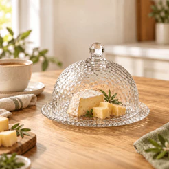 Queijeira Vidro Martelado Transparente Tampa Manteigueira Porta Frios Mesa Posta 14cm CHEF D