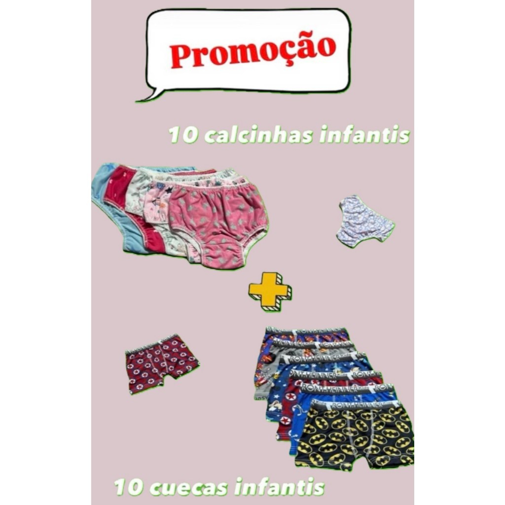 Promoção kit 20 Peças 10 Calcinha Infantil + 10 Cueca Infantil Cores e Estampas Divertidas Tecido Confortável