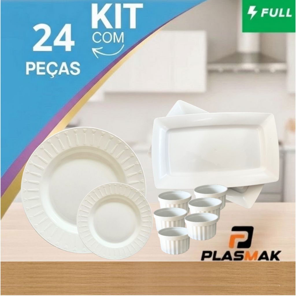 Kit 24 peças (branco) refeição completa contendo pratos bandejas ramekins ideal para confraternizaçõ