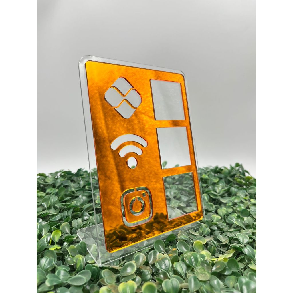 Placa Display Acrílico Mesa Balcão PIX WIFI Instagram Laranja/Transparente