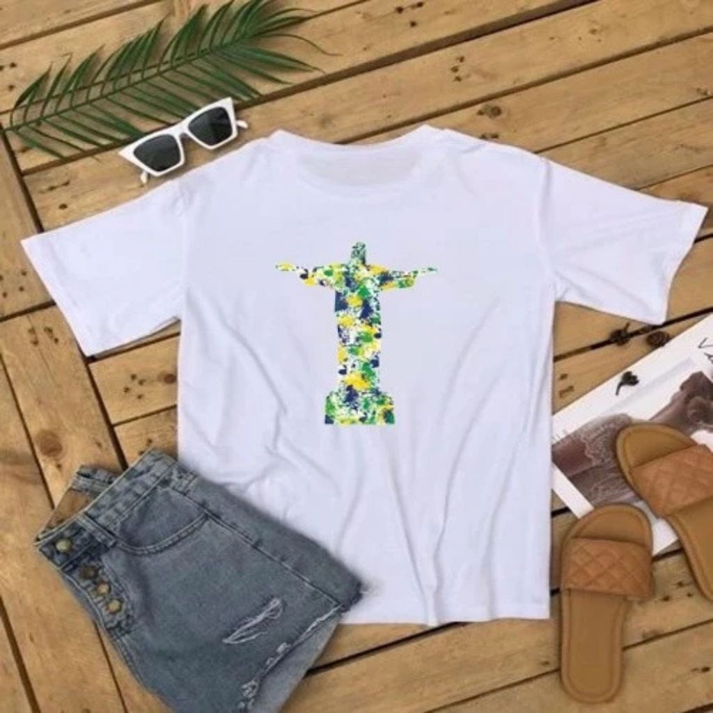 Camiseta Básicas Femininas Camisa T shirt Estampadas Copa 100% Algodão, Branca, Manga Curta, Casual, Barata