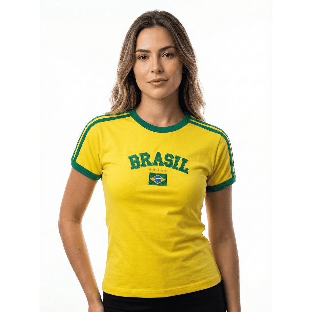 camisa do brasil feminina baby look bordada bandeira em Oferta na Shopee
