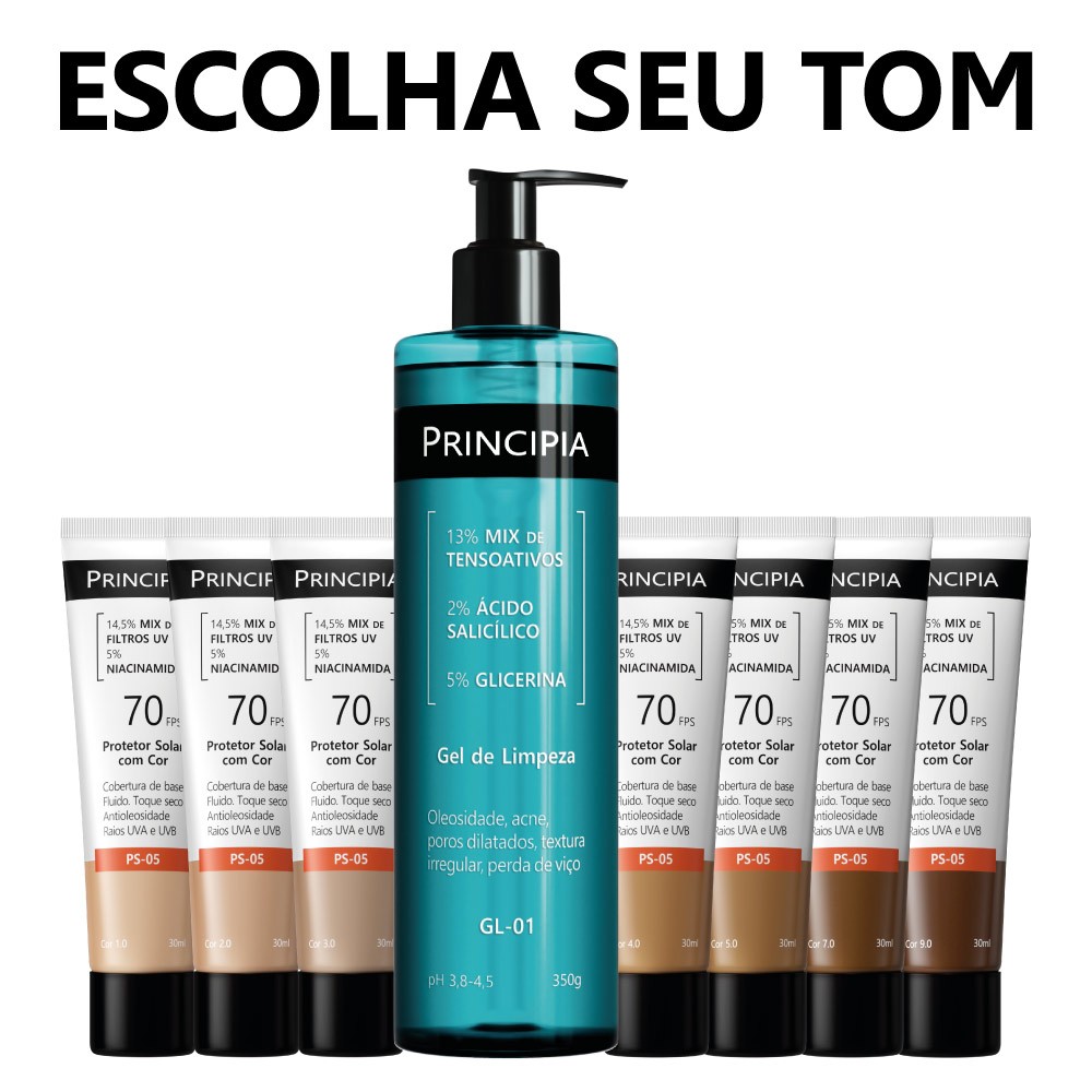 Principia Kit Rotina Poderosa - Escolha seu tom c/ Gel de Limpeza GL-01 + Protetor Solar PS05