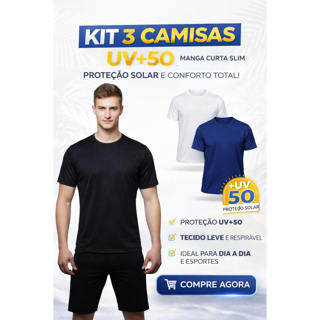 Kit 3 Camisas UV+50 Manga Curta Slim – Proteção Solar e Conforto Total!
