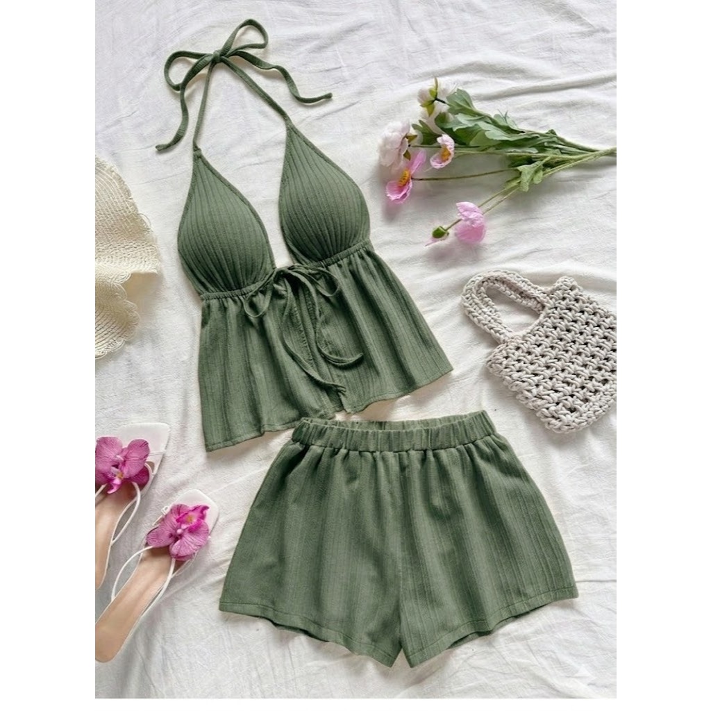 Conjunto Feminino Lisa Blusinha Top Amarração sem Bojo + Short Curto Soltinho Ribana Moda Versátil em Oferta na Shopee