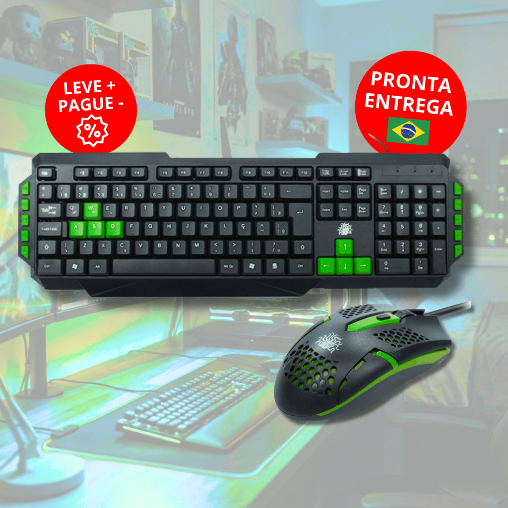 Teclado Mouse Gamer ABNT2 Teclas Destacadas  Multimídia Lateral USB Com Fio
