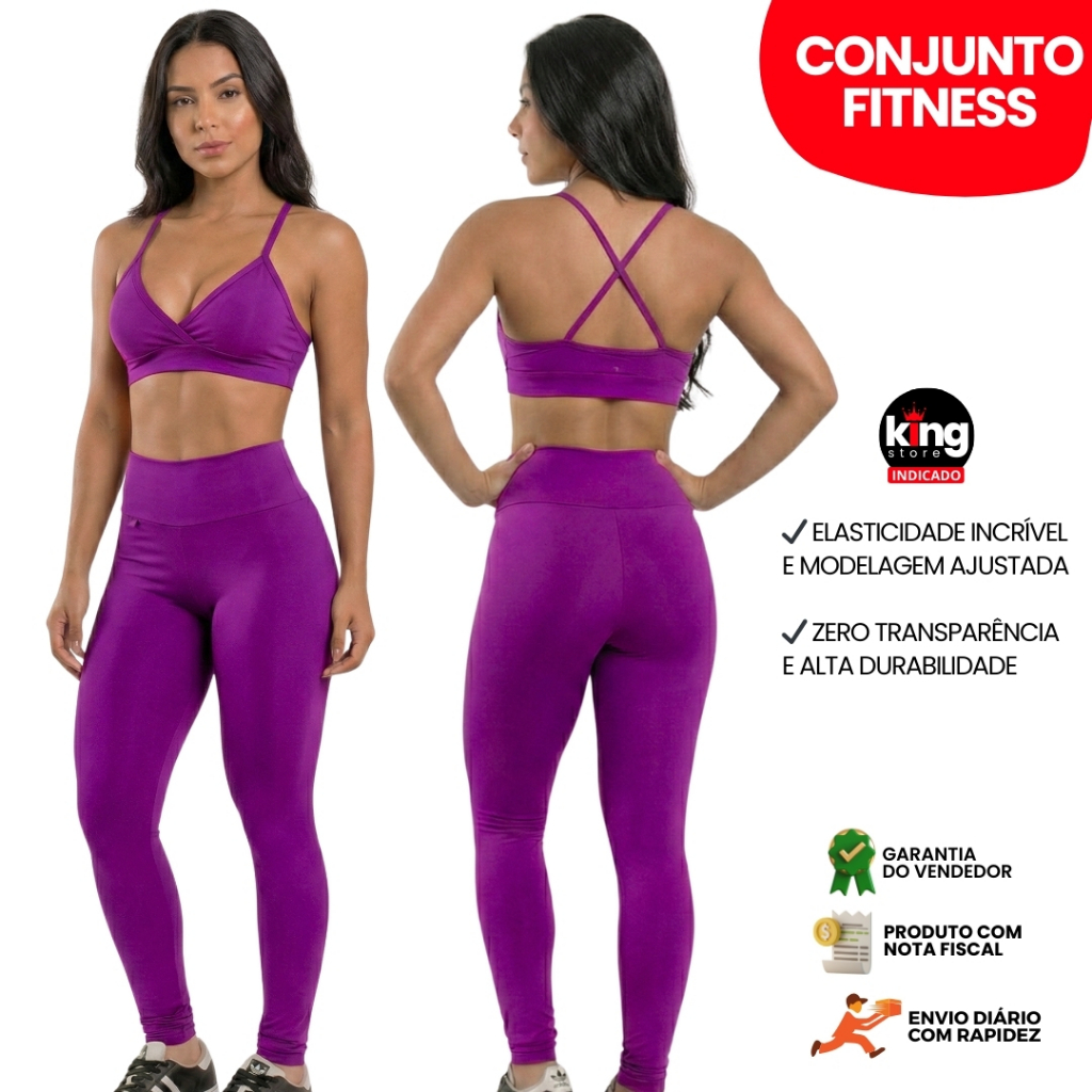 Conjunto Top e Calça Roxo Fitness Zero Transparência Feminino Premium Roupa Academia Legging CrossFit Moda