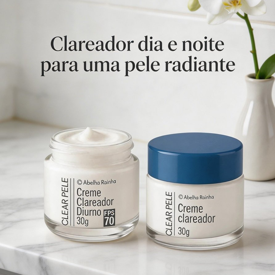 Kit Clareador Facial Dia com FPS 70 + Facial Noturno Anti Melasma Clear Pele Abelha Rainha