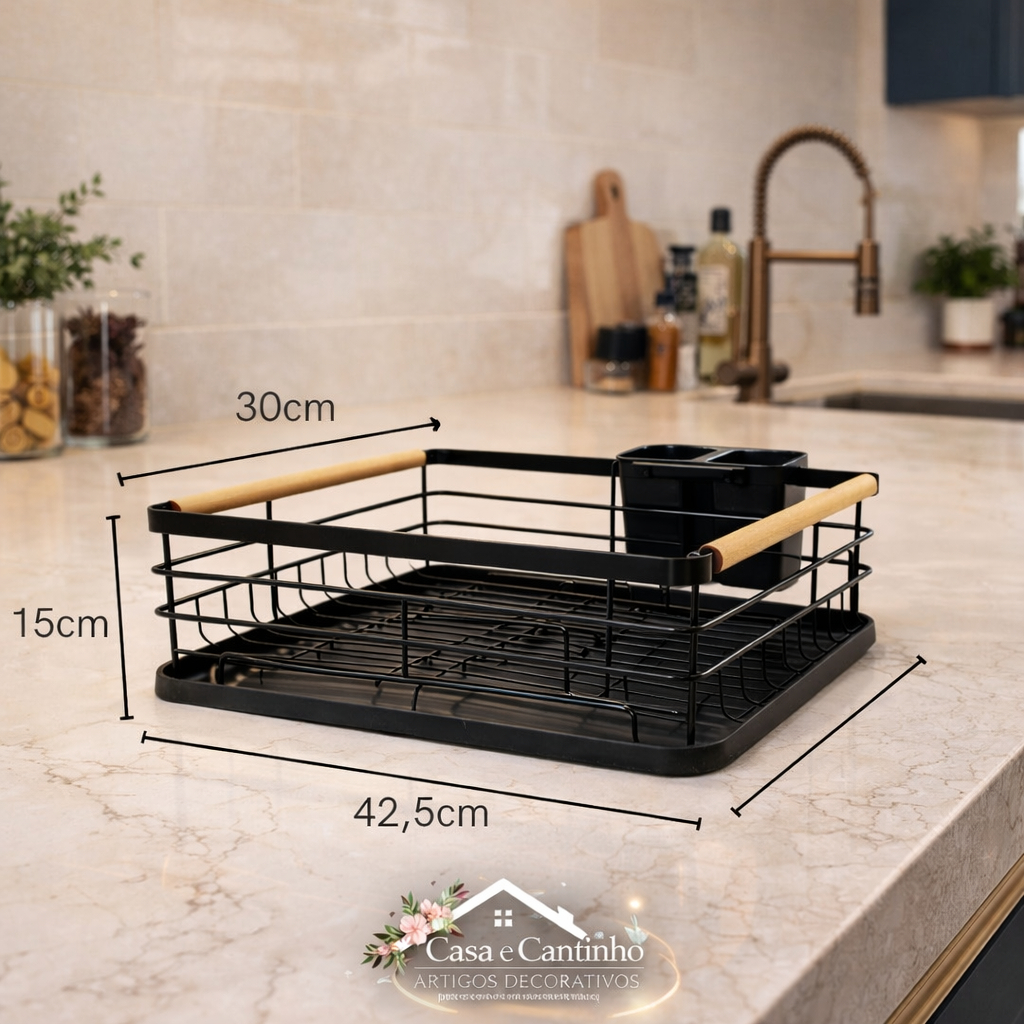 Escorredor de Louça Premium Preto com Bandeja Removível Porta Talheres Aço Inox + Bambu