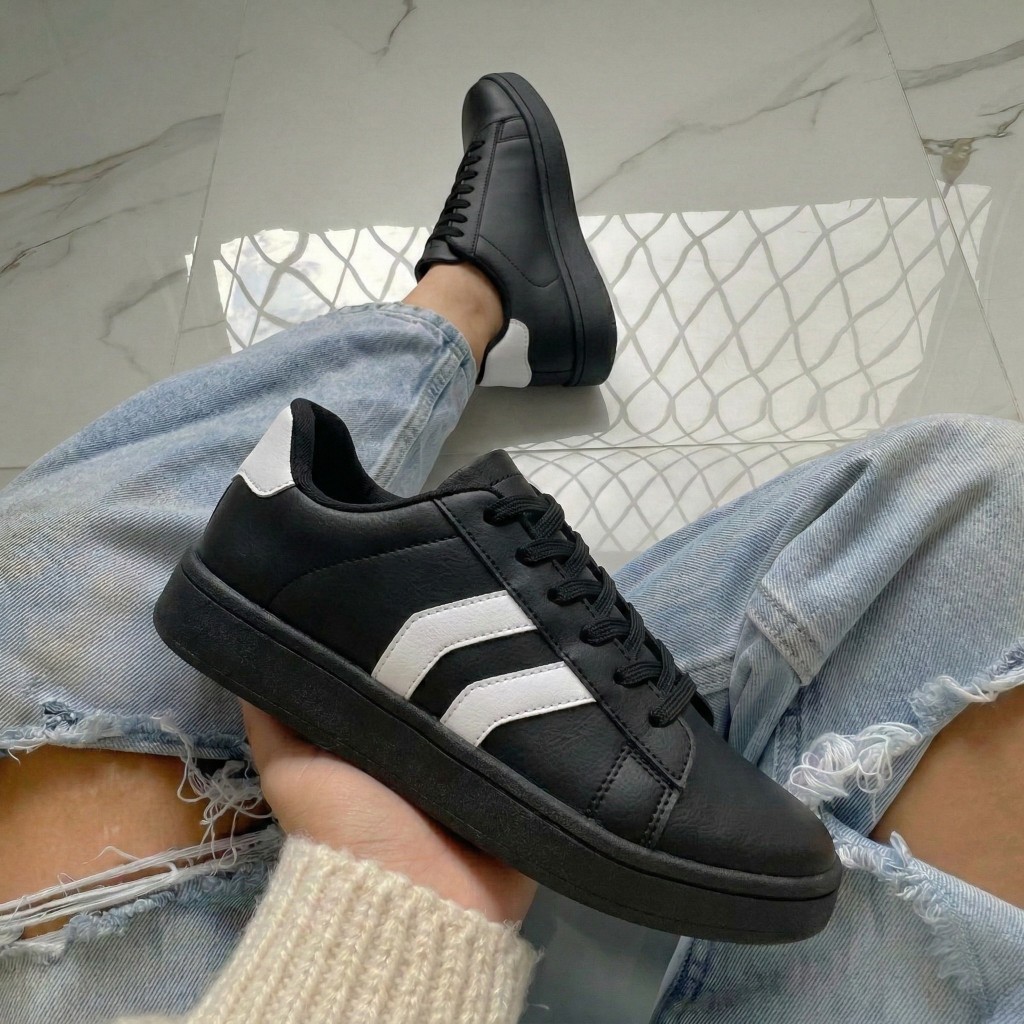 Tênis Casual Feminino De Couro Todo Preto Tradicional Confortável Várias Cores Sola De Borracha