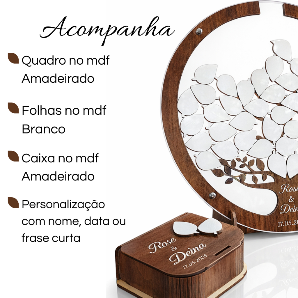 Quadro de Assinatura Moldura Amadeirado Casamento Festas Arvore om Folhas. — imagem 2 de 2