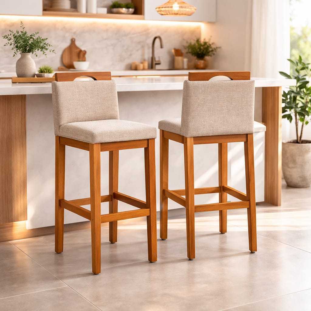 1 Banqueta Alta Lyara Estofada com Encosto em Madeira para Balcão de Cozinha Bancada Banco Alto Luxo