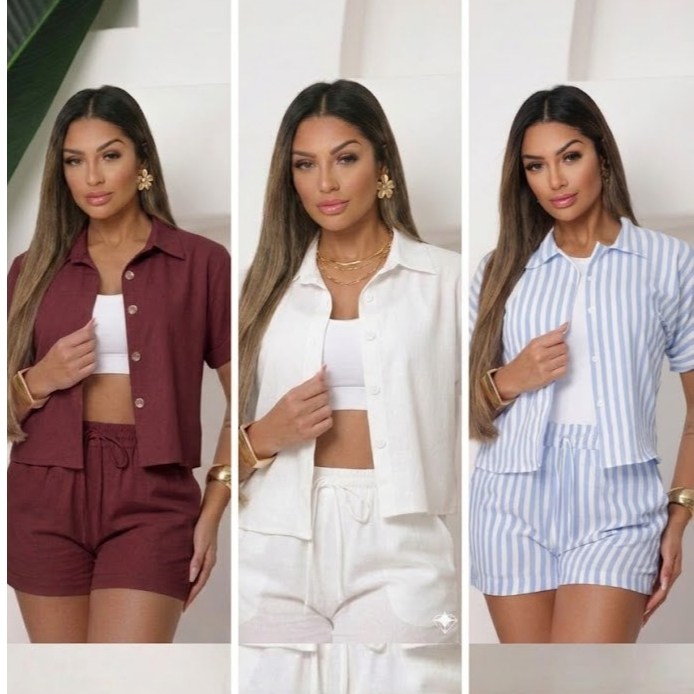 Conjunto Femenino Blusa com gola botão e short com bolso LISO e LISTRADOS. em Oferta na Shopee